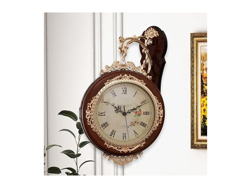 Double Sided European Antique Mounted Wall Clock Silent Outdoor Brown image number 2