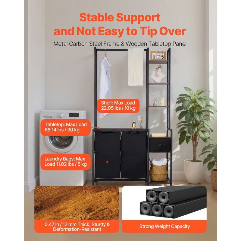 Freestanding Laundry Hamper with Rack, 3 Tier Shelves and 2 Section Sorter with Drawers-Black image number 7