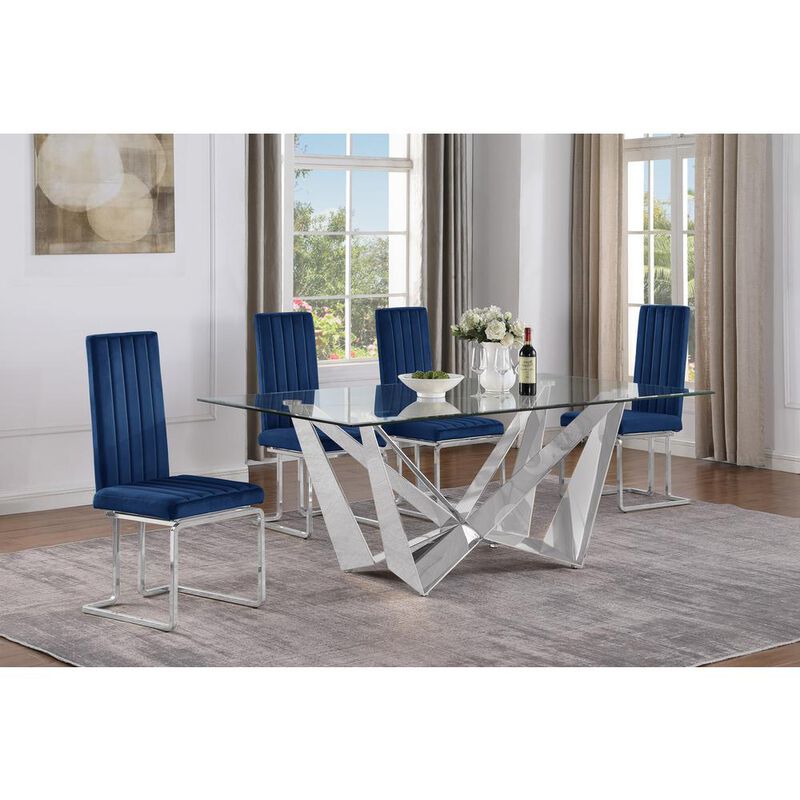 5pc Small(78") glass dining set with silver base and 4 Navy blue side chairs