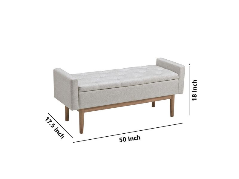 Tufted Fabric Storage Bench with Low Profile Elevated Arms, Light Gray - Benzara