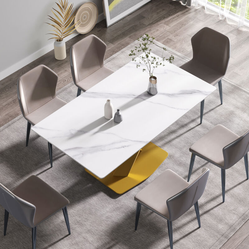 63-inch modern artificial stone white straight edge golden metal X-leg dining table -6 people