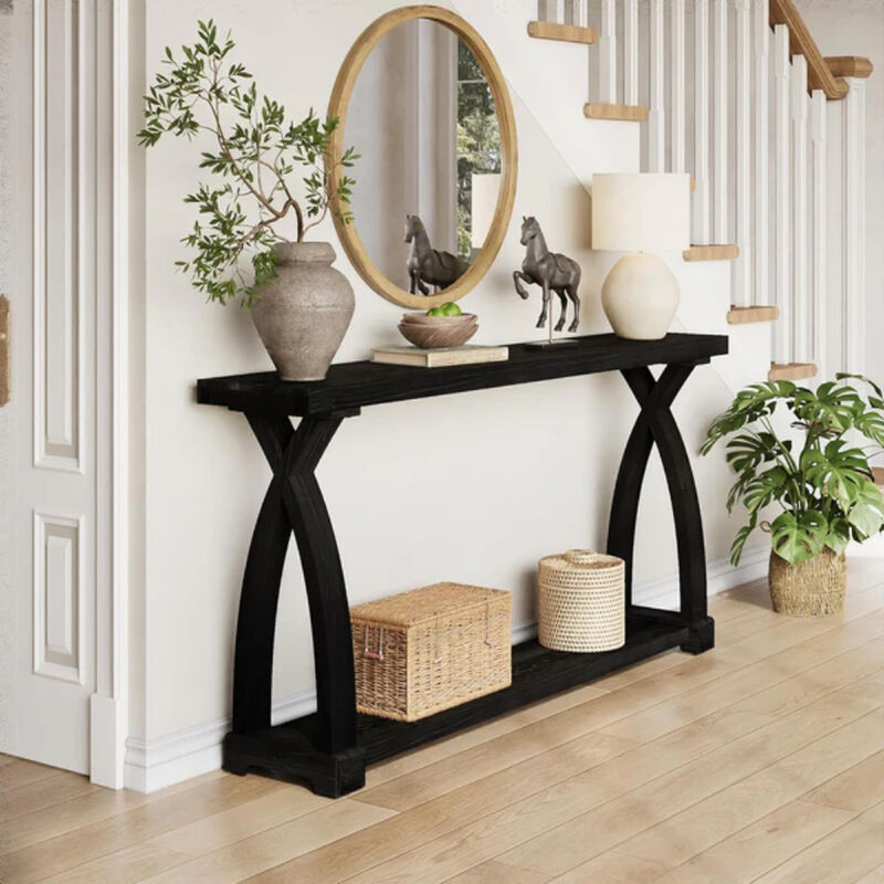 Narrow Solid Wood Sofa Console Table with 2-Tier Storage for Entryway image number 1