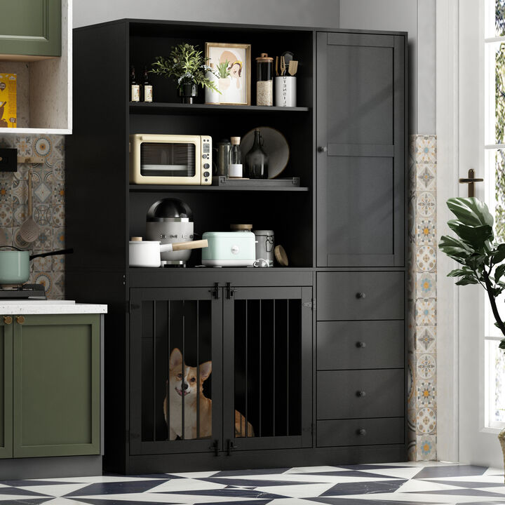 Dog House Furniture Style Dog Crate Storage Cabinet, Large Dog Crate with Dog Bowl, 1-Cabinet, 3-Shelves 4-Drawers Black