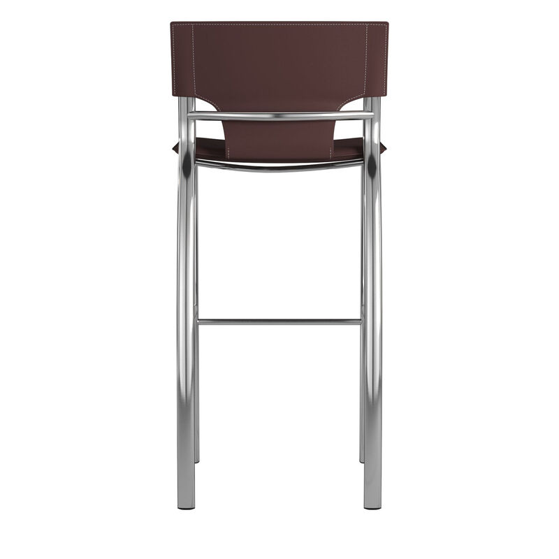 HomeRoots Set of Two 25" Brown and Silver Faux Leather and Metal Low Back Counter Height Bar Chairs image number 3
