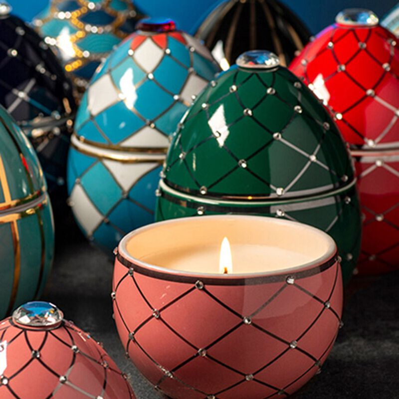 Candle in Ceramic Egg BOIS DE ROUSSIE 7 oz Green Silver Stripes 5.12 diam. x 6.5 in image number 2
