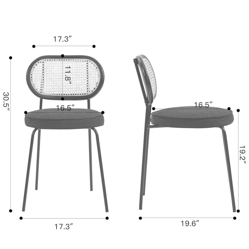 Glamour Home Set of 2 Black Boucle Fabric Dining Chair Rattan Backrest and Black Chrome Legs