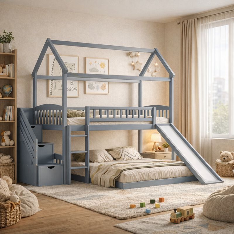 Whisen 77.4"x41.6" Twin Over Full Bunk Bed with Slide, Solid Wood Playhouse for Kids Bedroom image number 3