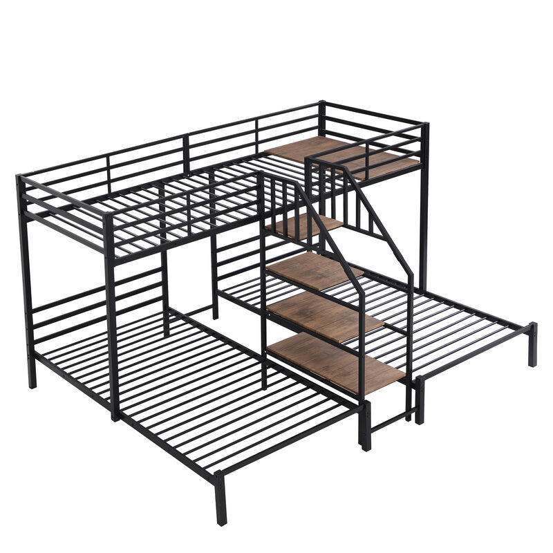 Whisen Metal Twin over Twin & Twin Bunk Bed, Triple Bunk Bed with Storage Shelves Staircase- Black