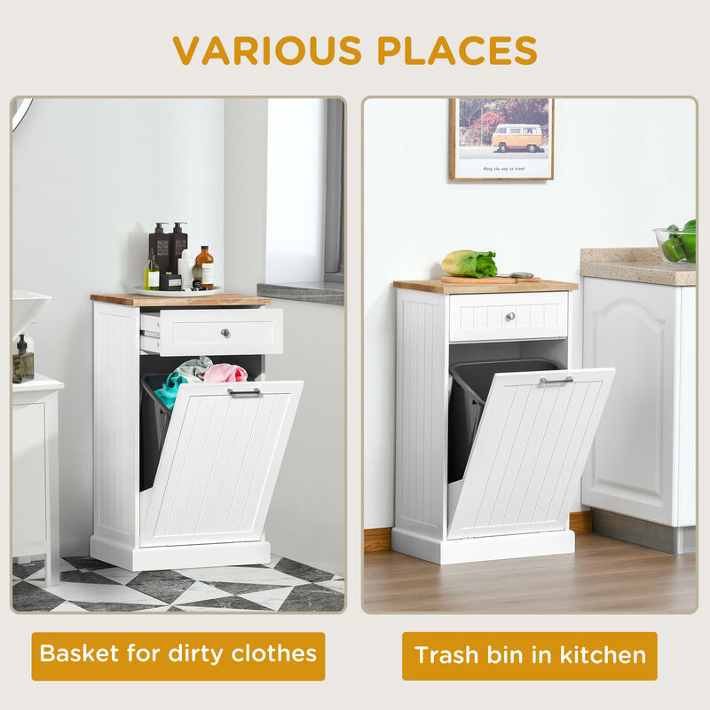 HOMCOM Kitchen Tilt Out Trash Bin Cabinet Free Standing Recycling Cabinet Trash Can Holder With Drawer, White