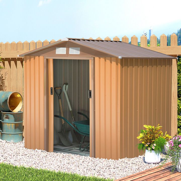 Brown Garden Storage: 7'x4'x6' Metal Shed with Sliding Doors