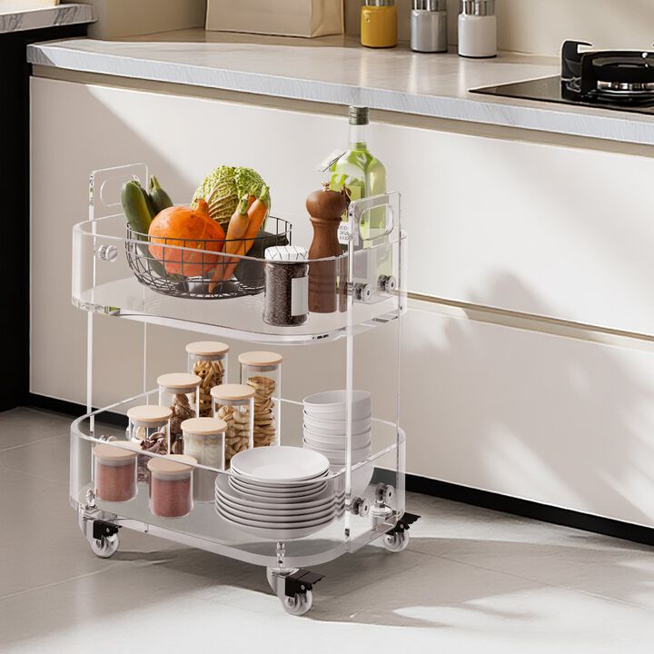 2 Tier Acrylic Rolling Cart Table with Wheels, Clear Storage Side Desk