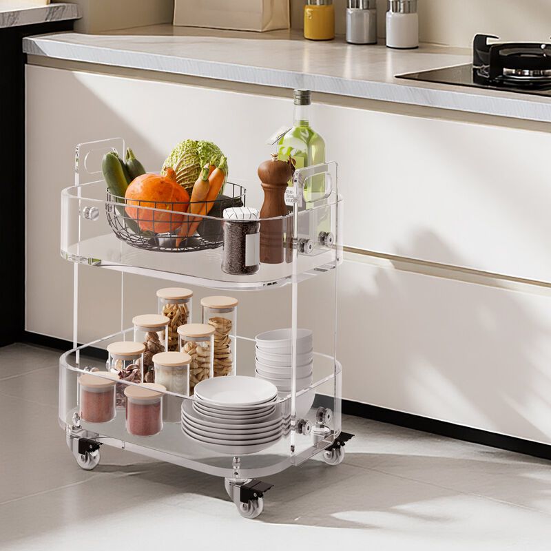 2 Tier Acrylic Rolling Cart Table with Wheels, Clear Storage Side Desk image number 1