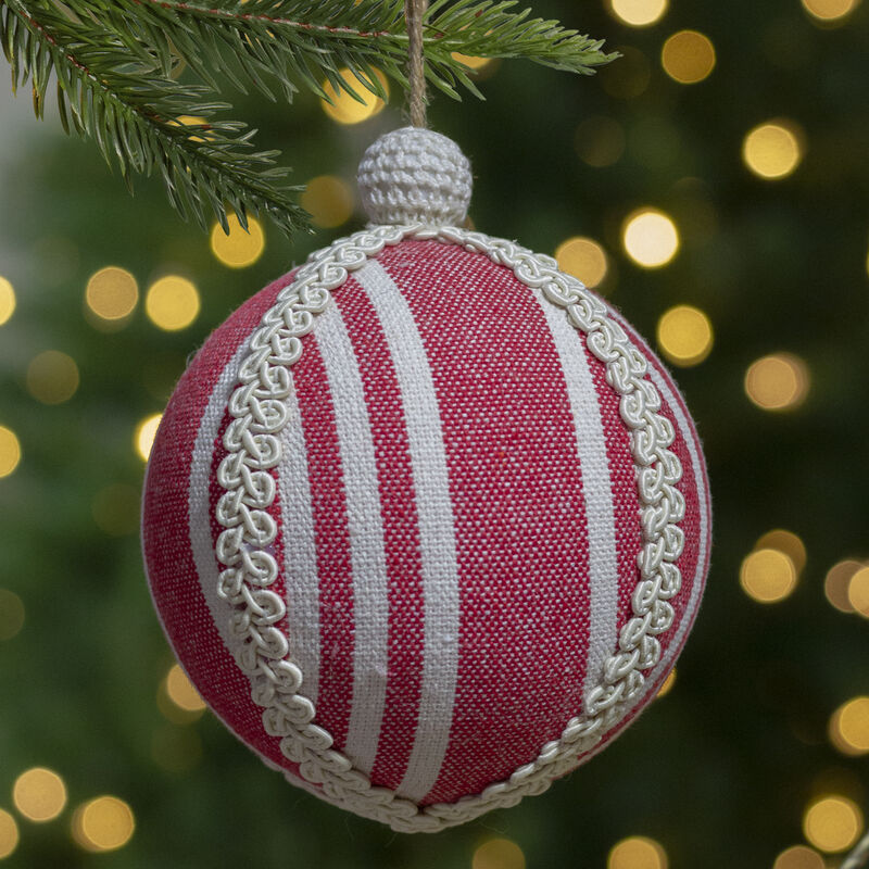 4.75" Red and White Striped Ball Christmas Ornament with Rope Accent image number 1