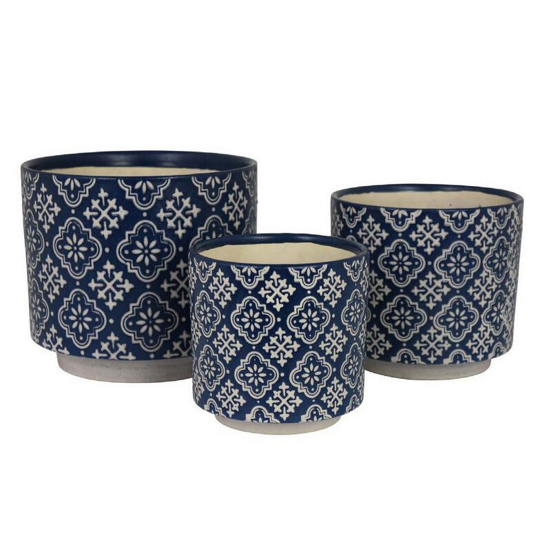 Modern Planter Set of 3, Vintage Floral Motifs, White Blue Ceramic - Benzara