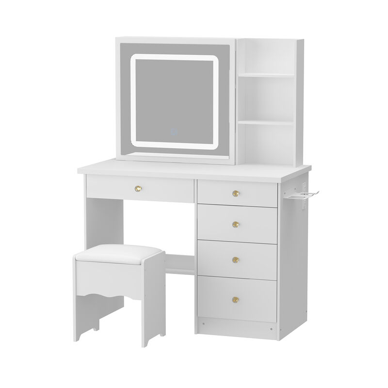 FUFU&GAGA Makeup Vanity Set with Sliding LED Mirror, Power Outlet, Hair Dryer Holder, Drawers & Stool, (39.4"L x 18"W x 53.4"H), White