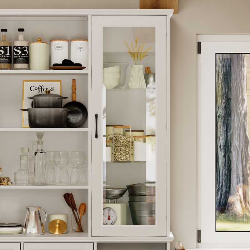 FUFU&GAGA White Display Storage Cabinet with Glass Doors, Adjustable Shelves & Drawers, High-Gloss Finish, Anti-Tip Design (63 in. W x 15.7 in. D x 78.7 in. H), White