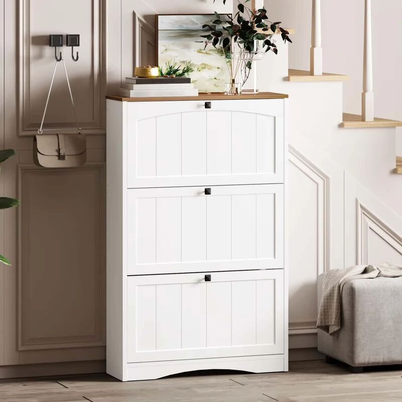 Large Shoe Storage Cabinet with Flip-Down Drawers for 24 Pairs Shoes-White image number 1