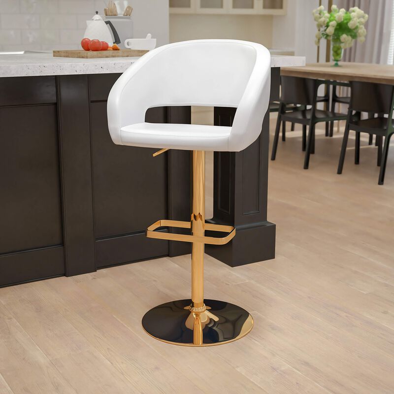 Flash Furniture Erik Comfortable & Stylish Contemporary Barstool with Rounded Mid-Back and Foot Rest, Adjustable Height - White Vinyl with Gold Base