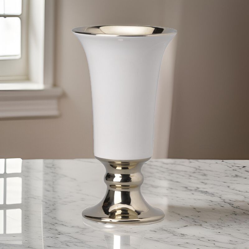 Ceramic Vase with Flared Top and Pedestal Base, Medium, White and Gold - Benzara