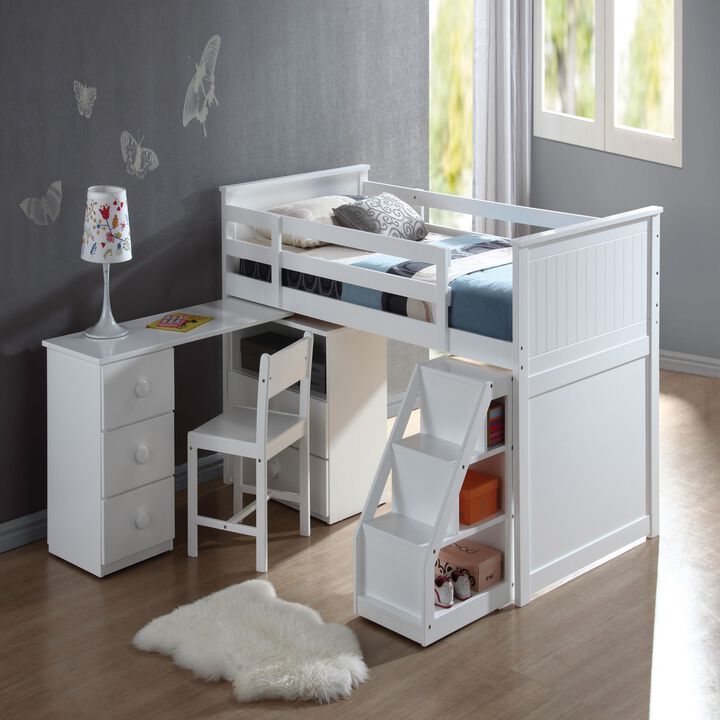 Wyatt Loft Bed, Chest, Desk & Ladder In White-Benzara