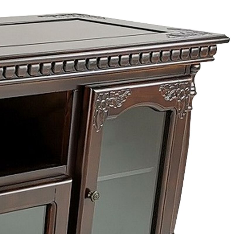 TV Stand with 4 Glass Doors and Turnip Feet, Brown-Benzara