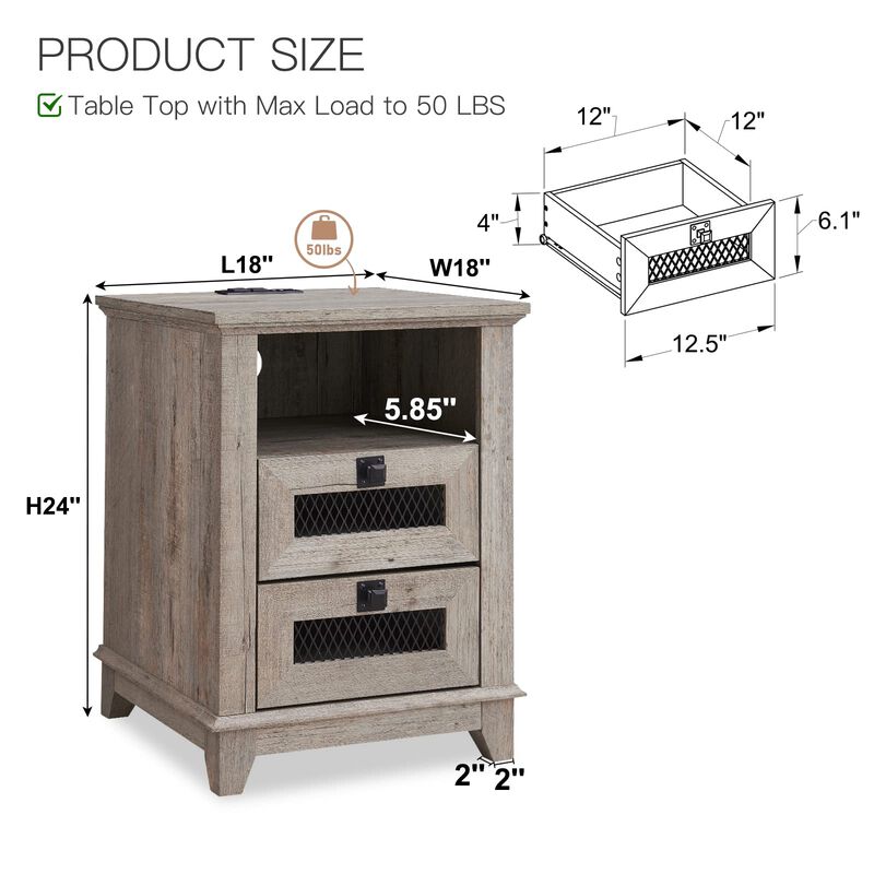18" Rustic Nightstand with Charging Station, 2 Drawers & Open Cubby image number 2