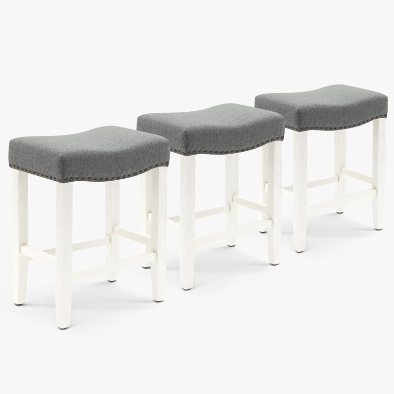 WestinTrends 24" Upholstered Saddle Seat Antique White Counter Stool (Set of 3)