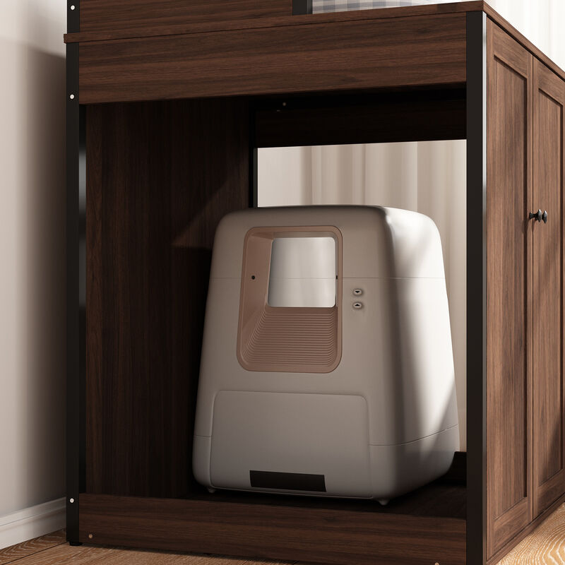 Large Cat Litter Box Enclosure Furniture with Shelves, Cat Washroom Furniture Cat House for Smart Litter Box, in walnut image number 5
