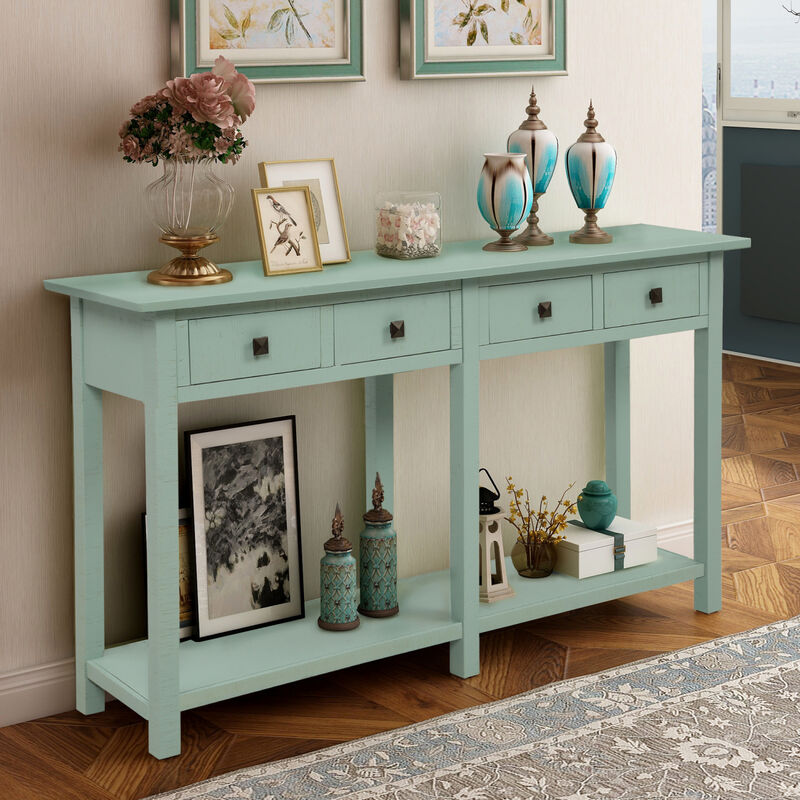 Rustic Brushed Texture Entryway Table Console Table with Drawers and Bottom Shelf for Living Room (Tiffany Blue)