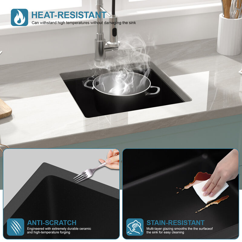 17 in. Black Quartz Composite Undermount Kitchen Sink Single Bowl Prep Bar Basin Round Corner with Bottom Grid image number 8