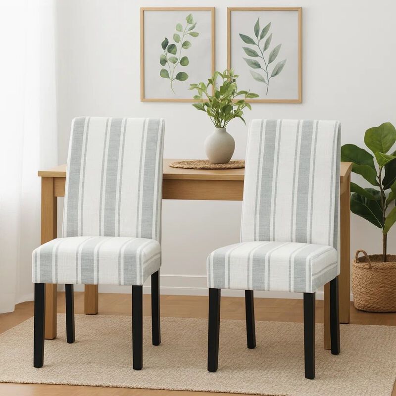 Dinner Chair Set of 2, Retro Style Armless Design, White Gray Stripes image number 8