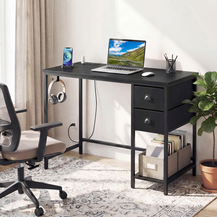 Small Space Computer Desk with Charging Station and 2 Fabric Drawers