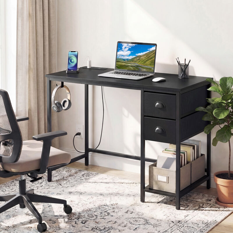 Small Space Computer Desk with Charging Station and 2 Fabric Drawers image number 1