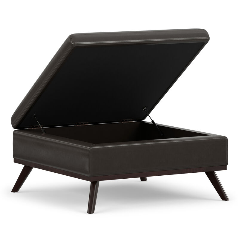 Owen 36 inch Wide Mid Century Modern Square Coffee Table Storage Ottoman in Tanners Brown Vegan Faux Leather, Assembled image number 3