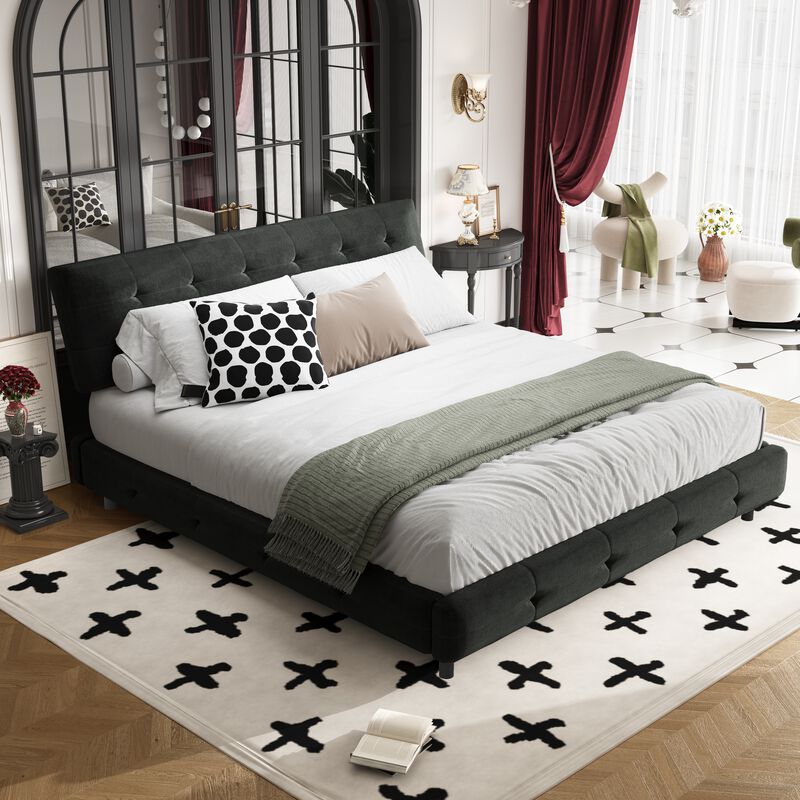 Whisen King Size Kids Bed Frame, Chenille Platform Bed with Tufted Headboard image number 1