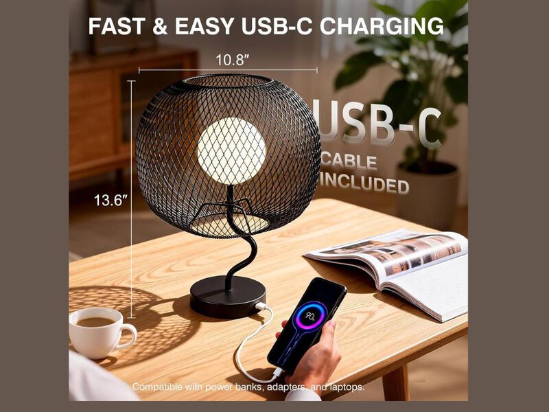 Industrial Table Lamp with Touch Dimming, USB-C Rechargeable & Metal Mesh Shade image number 2