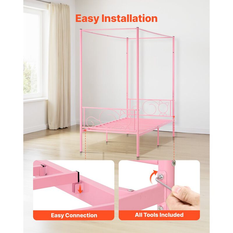 Twin Size Metal Canopy Bed Frame with Headboard, Heavy Duty Steel Slats - Pink image number 5