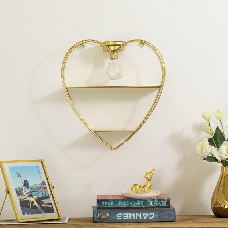 Vintiquewise Heart-Shaped 2-Tier Floating Metal Wall Shelf with Overhead Light Bulb &ndash; Decorative Wall-Mounted Shelf for Bedroom, Living Room, Hallway, Bathroom, or Entryway Decor, Gold Finish