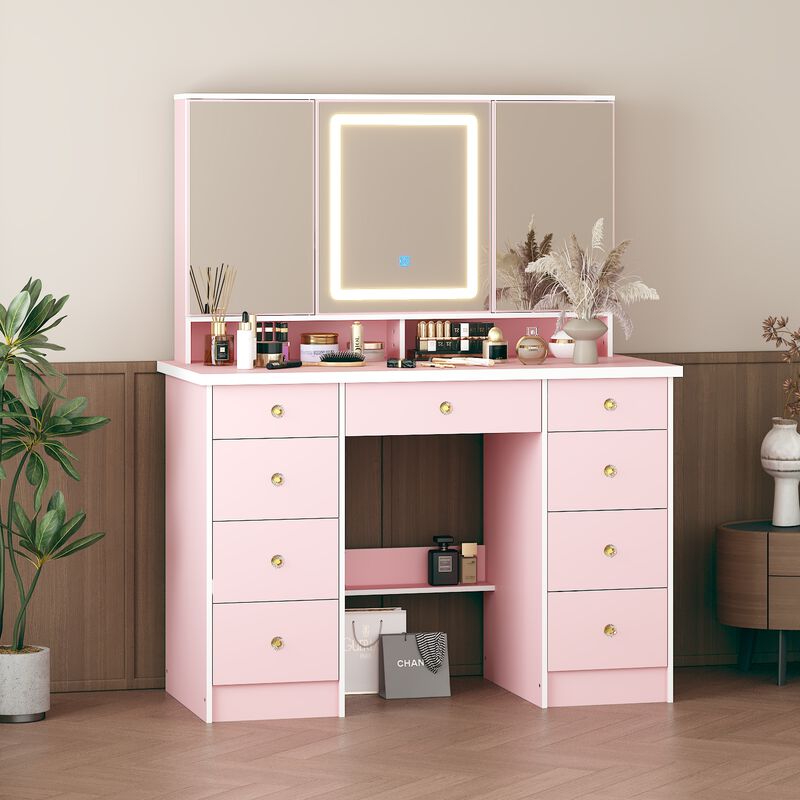 FUFU&GAGA 43.3" Pink Makeup Vanity with LED Mirror, 9 Drawers and Adjustable Storage (43.3" W x 53.9" H x 19.7" D),Pink