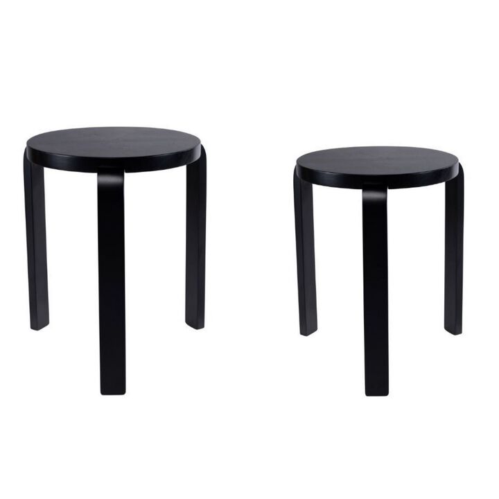 Mata Stacking Stool Ottoman, Set of 2, Modern Style, Black Rubberwood - Benzara
