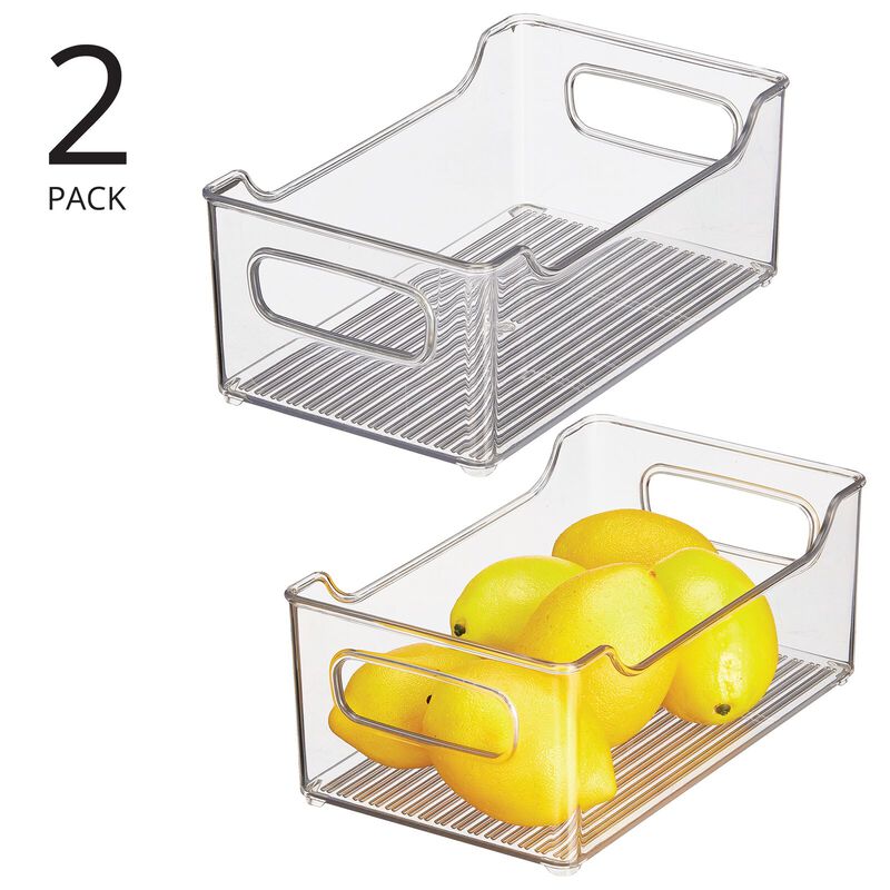 mDesign Kitchen Plastic Storage Organizer Bin, Dip Front, Handles, 2 Pack, Clear image number 3