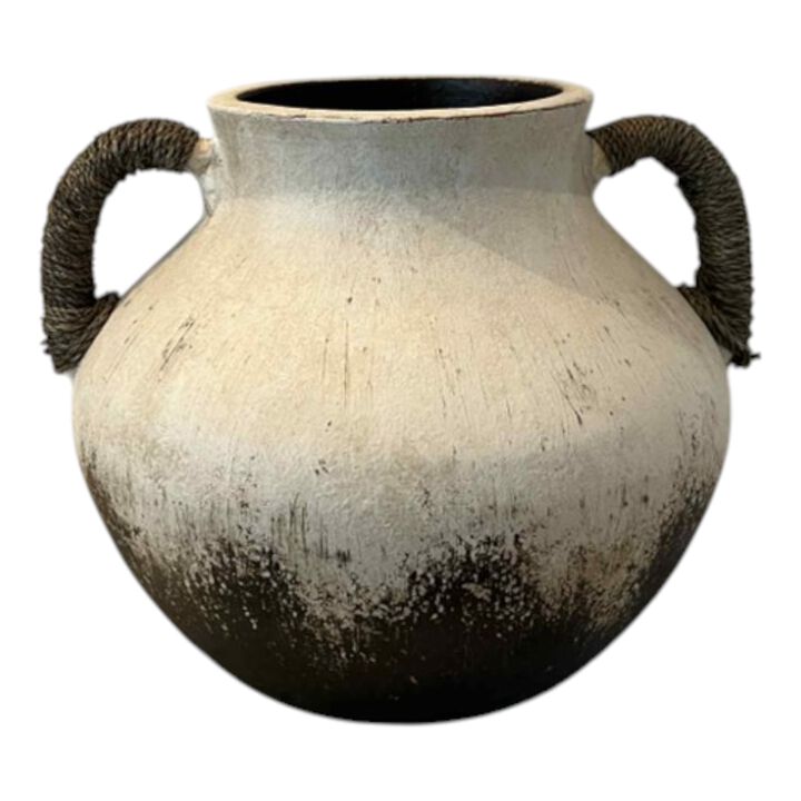 12x10" Clay Vase With Rope Handles, White/brown