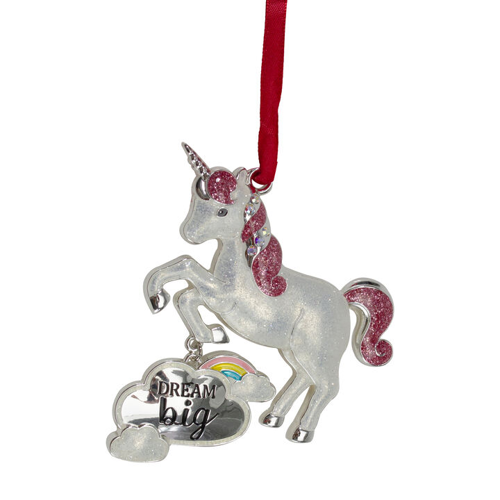 3.25" Silver Plated Dream Big Unicorn with European Crystals Christmas Ornament