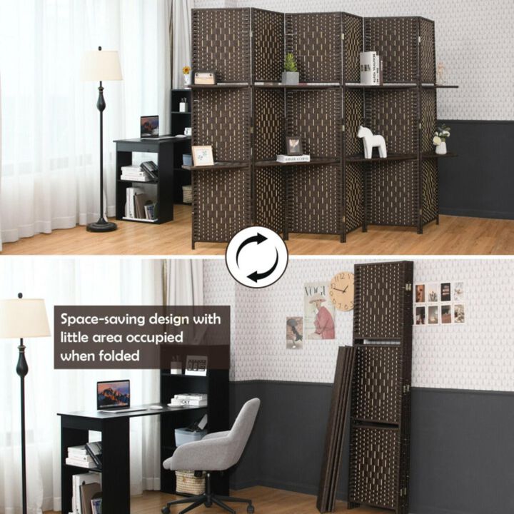 Hivvago 6 Panel Folding Weave Fiber Room Divider with 2 Display Shelves