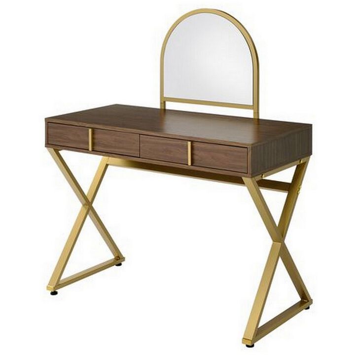 50 Inch Classic Arched Mirror Vanity Desk, Wood, X Metal Frame, Brown, Gold-Benzara