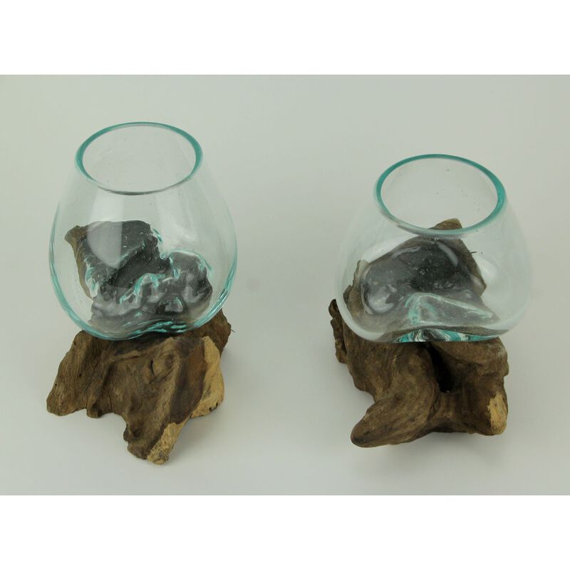 Molten Glass On Teak Driftwood Decorative Bowl Vase Terrarium Planter Set Of 2 image number 1