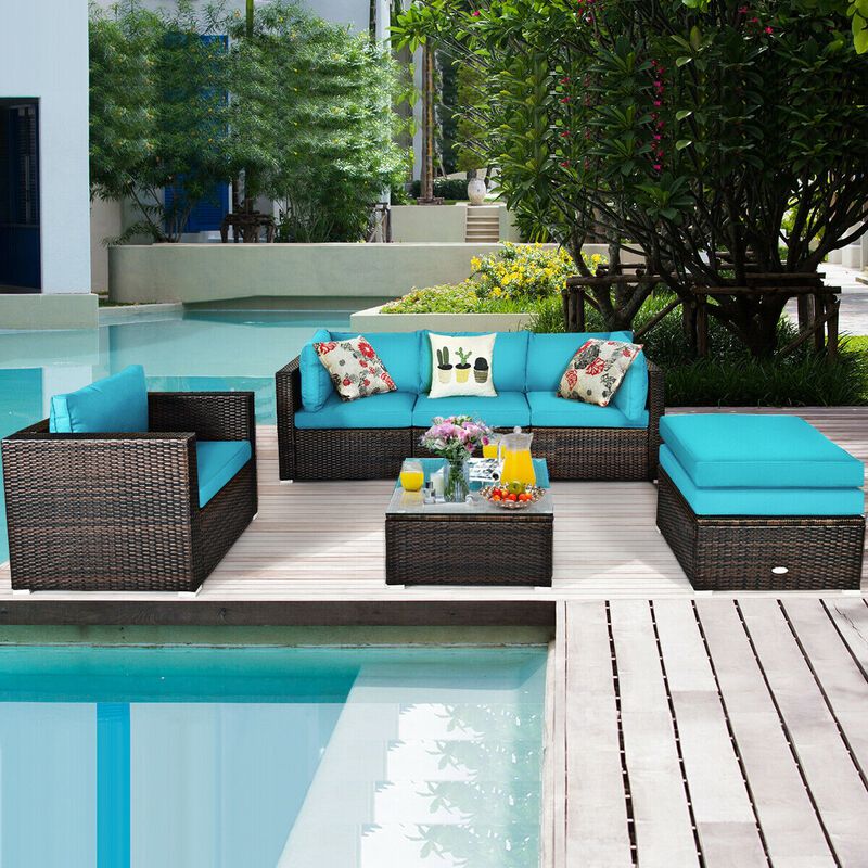 6 Pcs Patio Rattan Furniture Set with Sectional Cushion