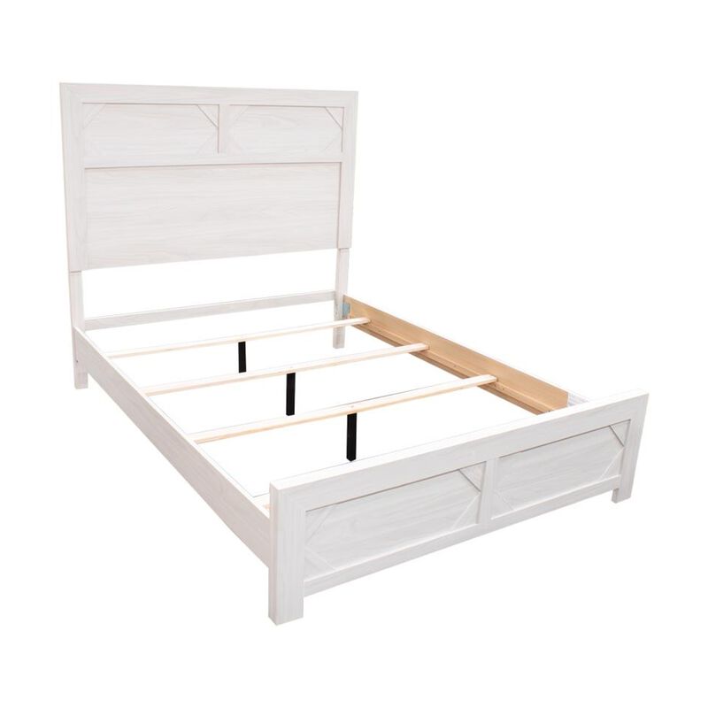Modern Queen Size Bed, High Headboard w Low Footboard, Whitewash Wood - Benzara