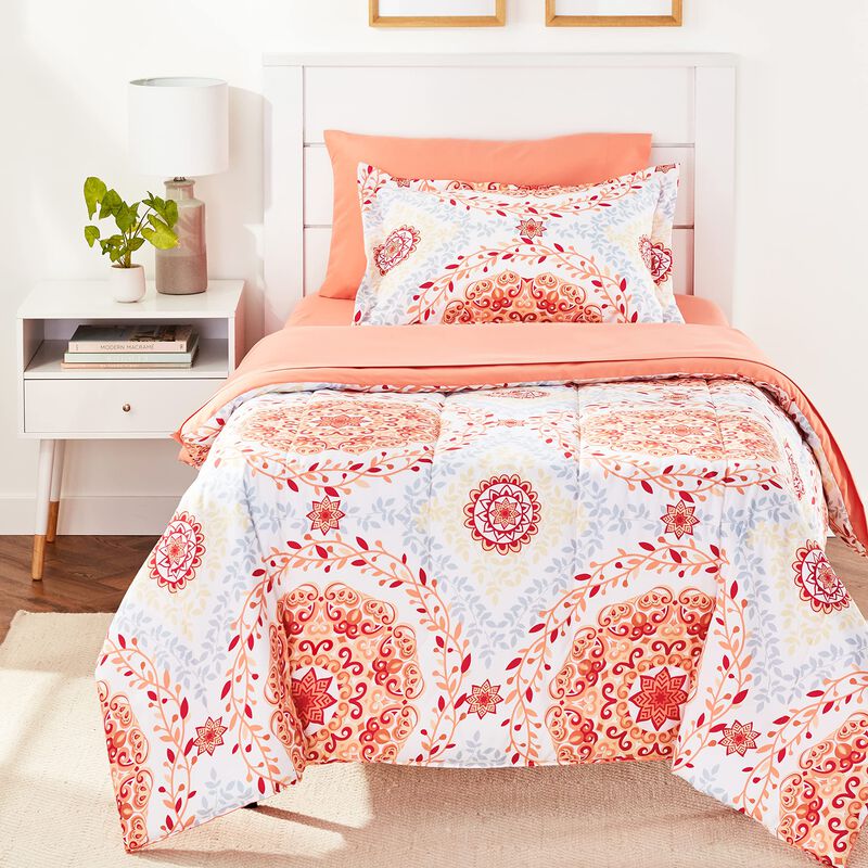 Amazon Basics Twin XL Comforter Set with Sheets, 5-Piece Coral Medallion Bedding, Lightweight Microfiber Bed-in-a-Bag