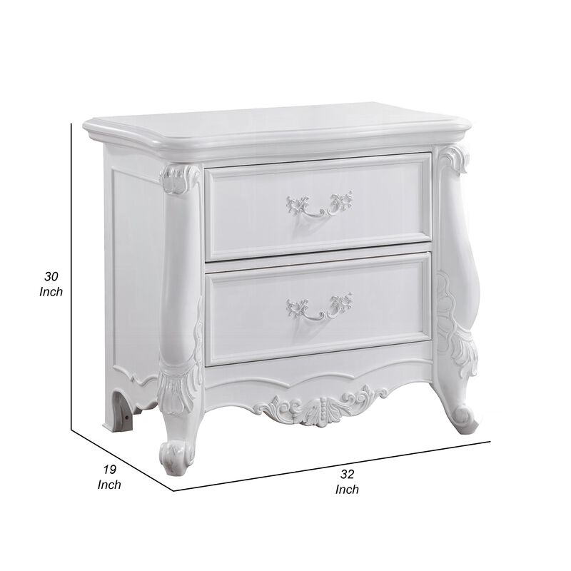 Maver Nightstand with 2 Drawers Scrolled Details, 32 Inch White Wood - Benzara